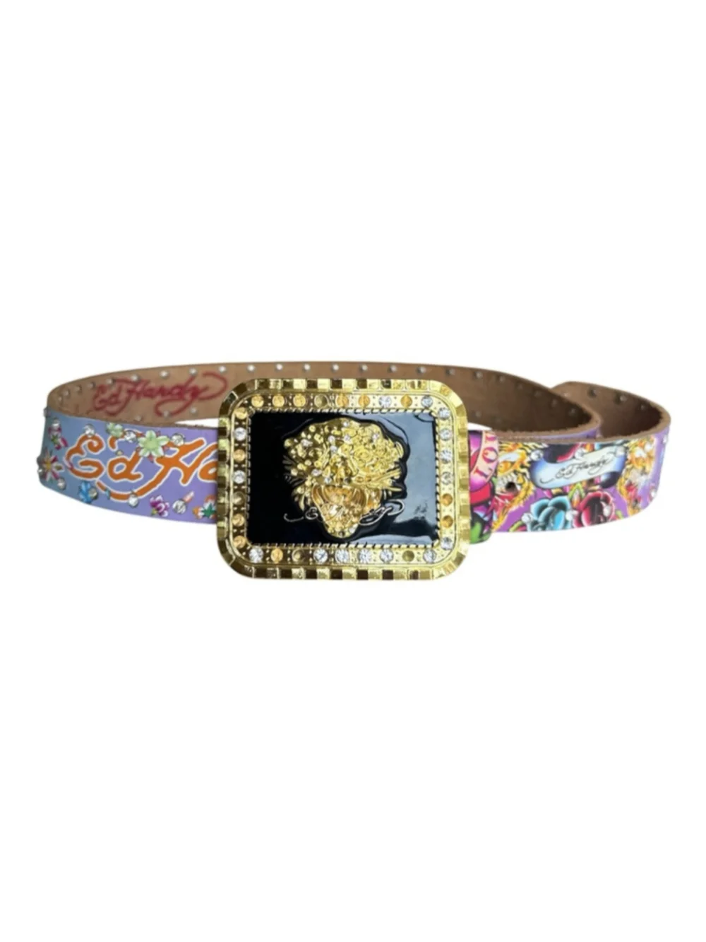 Y2K Don Ed Hardy Designs True Love Tattoo Leather Rhinestone Belt Tiger Buckle